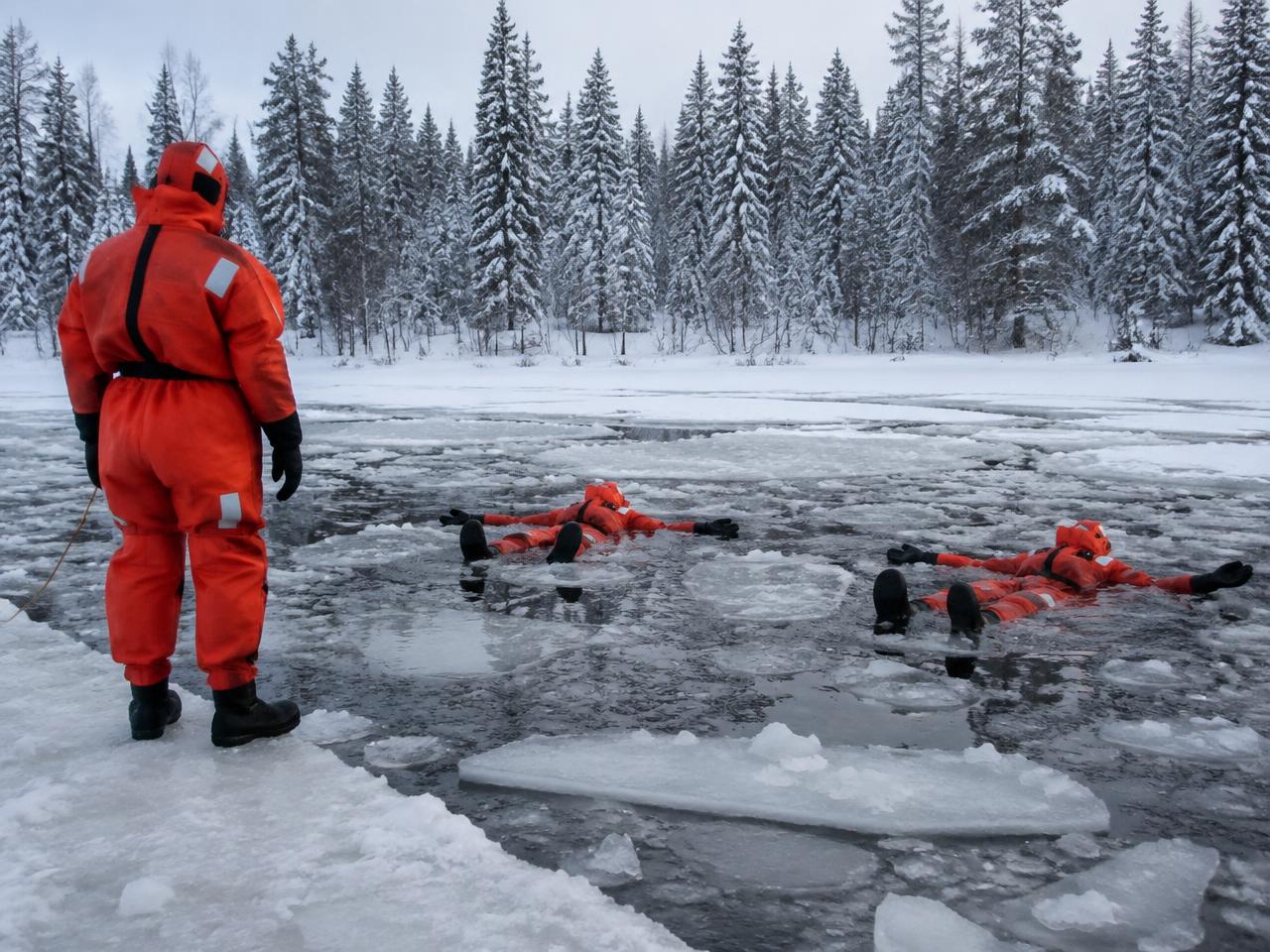 Menschen in orangefarbenen Überlebensanzügen treiben in einem eisigen See, während ein Guide vom Ufer aus zusieht