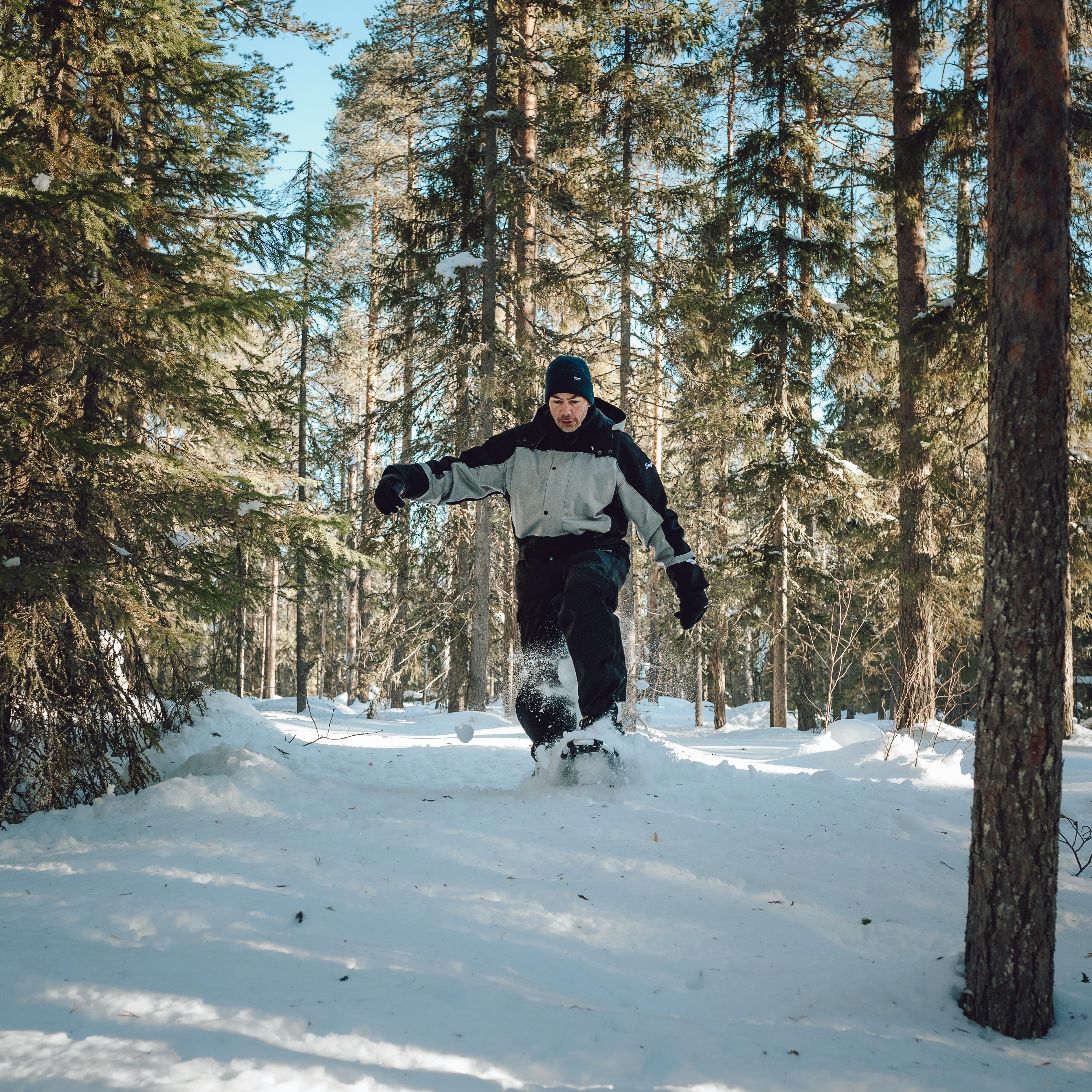 Sneeuwschoenwandelaar loopt door een zonnig, besneeuwd bos