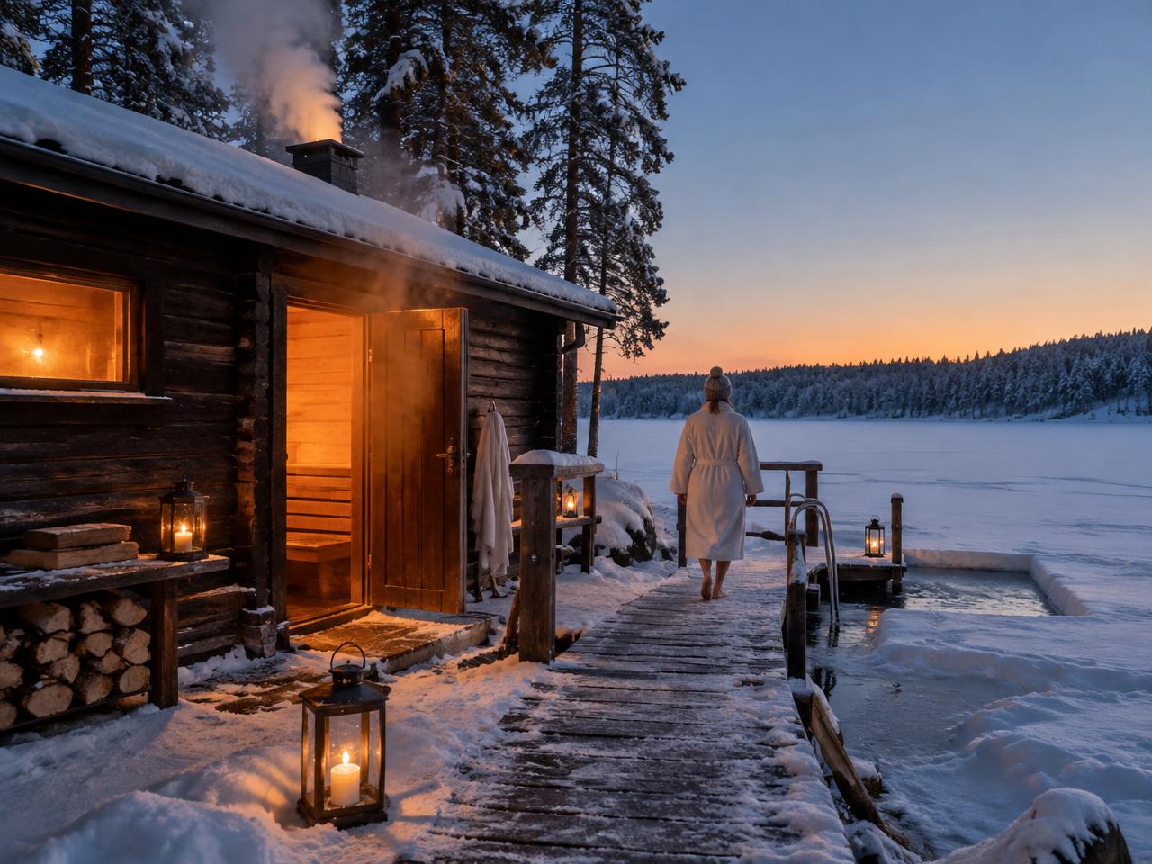 Una persona con un albornoz blanco camina desde una sauna de troncos iluminada hacia un agujero en el hielo