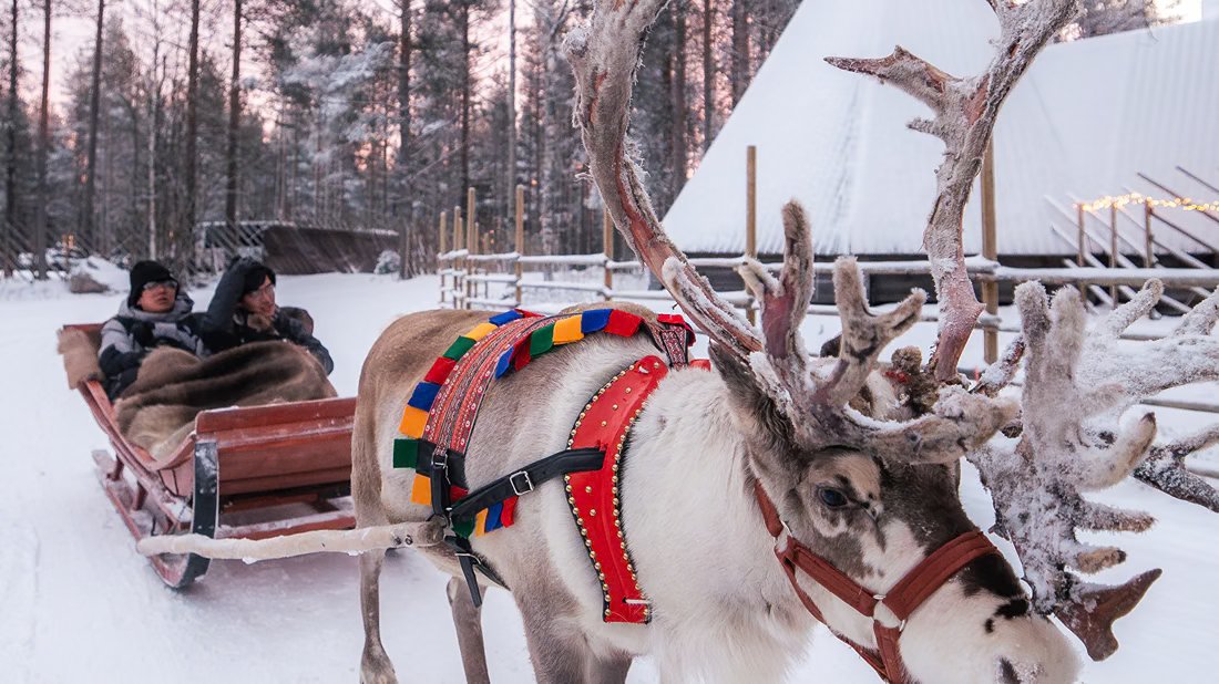 Visitantes en un trineo de renos en Santa Claus Village