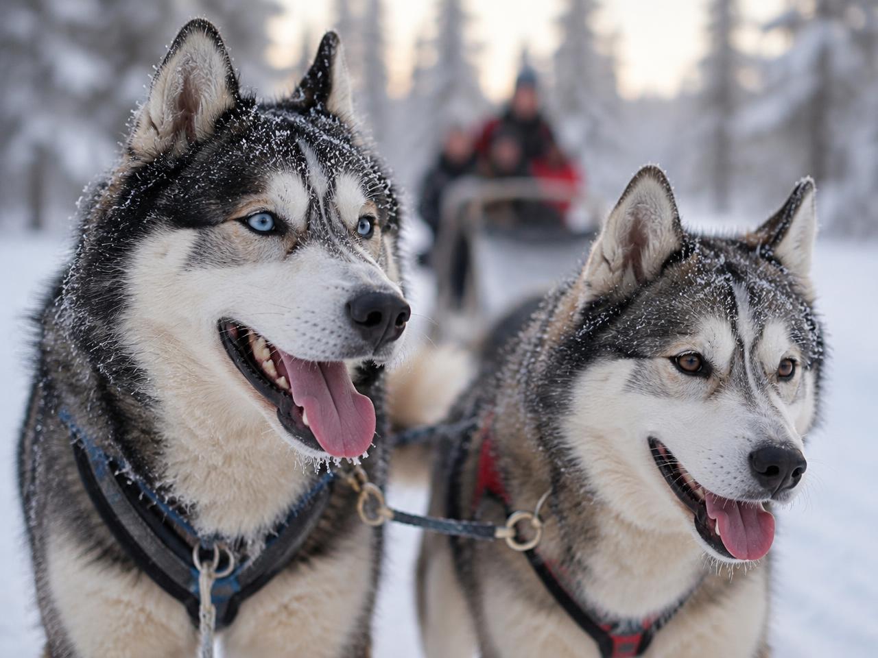 Dos huskies con arnés en la nieve delante de un trineo desenfocado que lleva personas