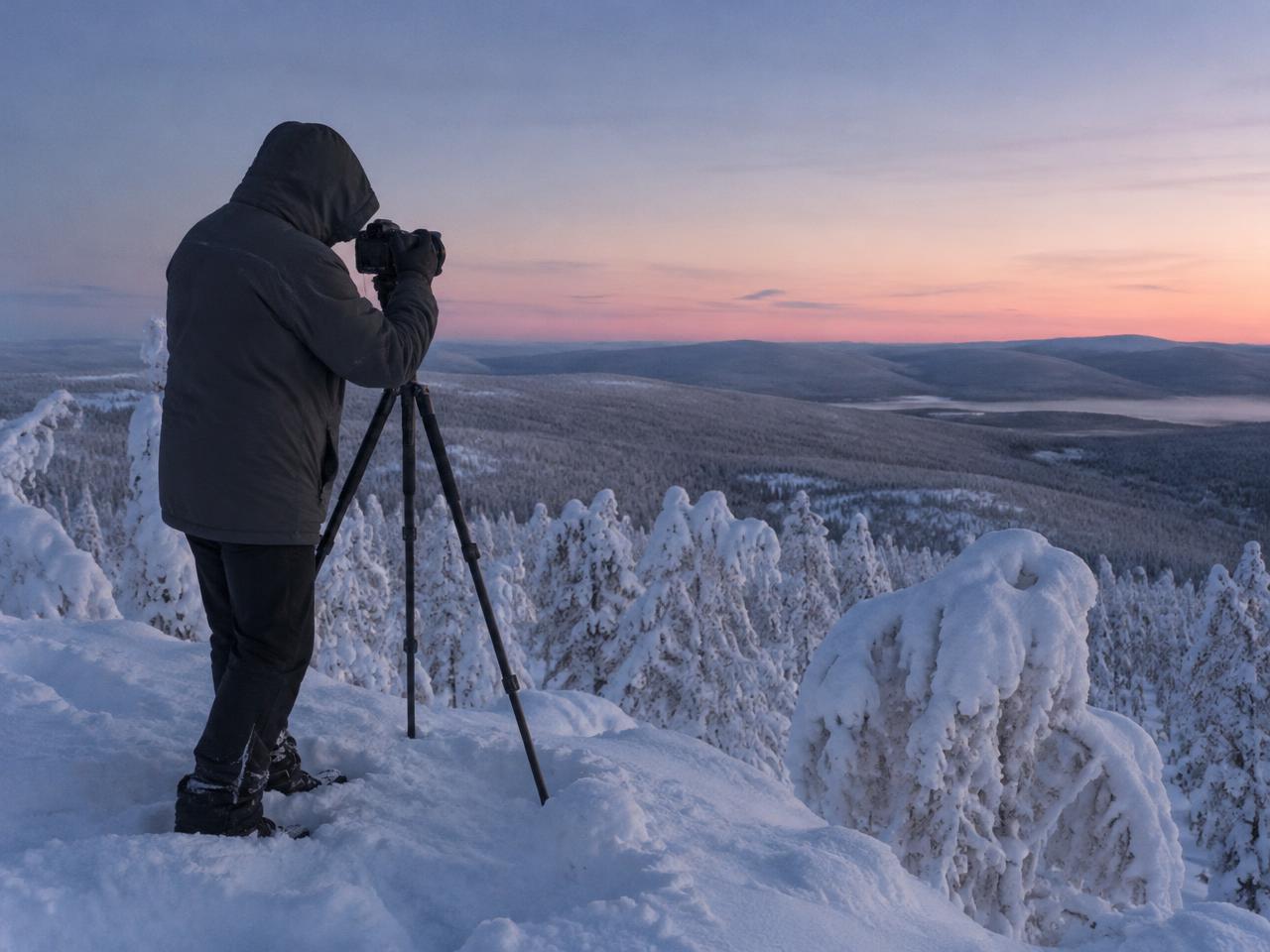 A hooded photographer films from a tripod over snow-covered hills at sunset